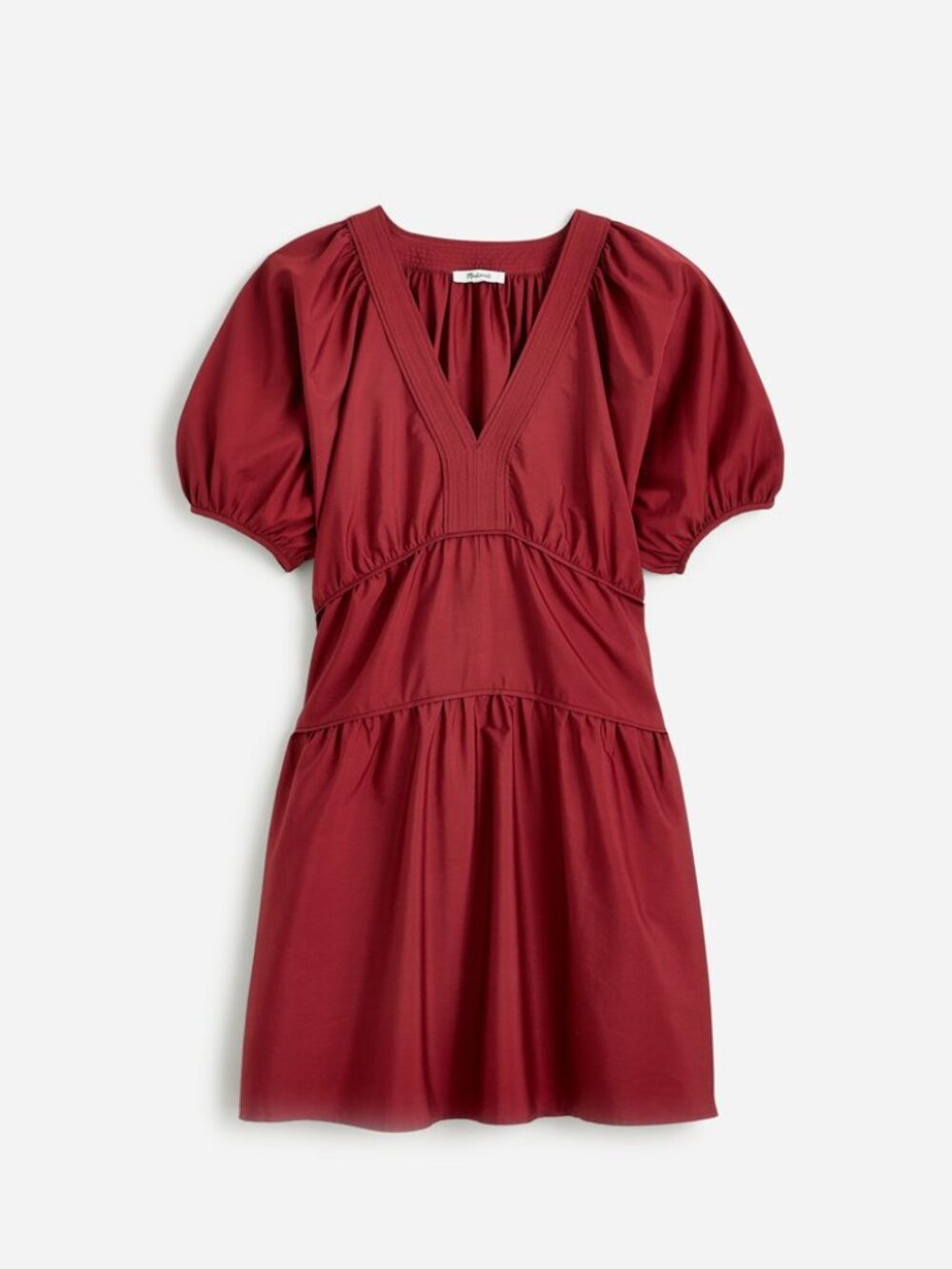 NWT Madewell Size Small Burgundy Puff-Sleeve Tiered Mini Dress in Poplin NEW